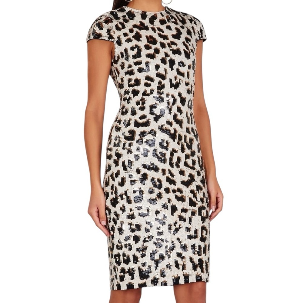 NEW Alice + Olivia Nat Leopard Sequin Midi Dress Stone Black Gold Women’s Size 6